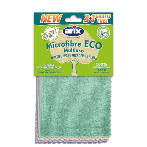 Arix 4 paños de Microfibra reciclada Multiusos de la línea We Like Green, 30 x 30 cm, paños de Microfibra de Colores para Todas Las Superficies, para Limpiar y Quitar el Polvo, 4 Unidades