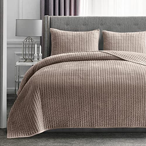 Shalala Velvet Quilt Queen Size,Striped Bedding Set,Lightweight Velvet Comforter,Luxurious Suede Bedspread And Coverlet With Soft Brushed Microfiber Back For All Season(Light Taupe,Full/Queen) #TOP6