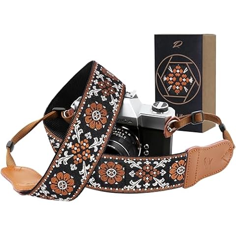 Padwa Lifestyle Camera Strap - 2" Wide Double Layer Cowhide Head Cotton Strap,Vintage Jacquard Embroidery Universal Neck & Shoulder Camera Straps for Photographers and All DSLR Cameras (Brown flower) Cover