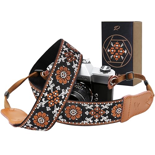 Image of Padwa Lifestyle Brown Flower Camera Strap - 2 inch Wide Double Layer Cowhide Head Cotton Strap,Vintage Jacquard Embroidery Universal Neck & Shoulder Camera Straps for Photographers and All DSLR Cameras
