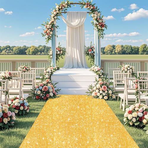 PATYDEST Gold Aisle Runner for Wedding Ceremony 2 ft x 15 ft Glitter Sequin Wedding Carpet Runner for Outside Party Aisle Floor Walkway Sparkle Rug Runners for Gold Carpet Party Decorations