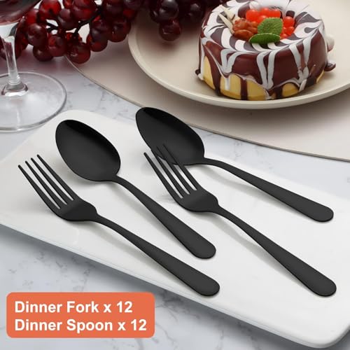 Image of Unokit 24-Piece Forks and Spoons Silverware Set - Forks and Spoons Food Grade Stainless Steel Silverware for Home, Kitchen and Restaurant, 12-Fork and 12-Spoon, Mirror Polished&Dishwasher Safe, Black