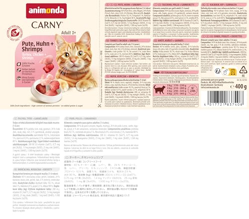 animonda Carny Katzen Nassfutter Pute + Huhn + Shrimps (6 x 400g), getreidefreies Katzen Nassfutter ohne Zucker, mit frischen fleischigen Zutaten