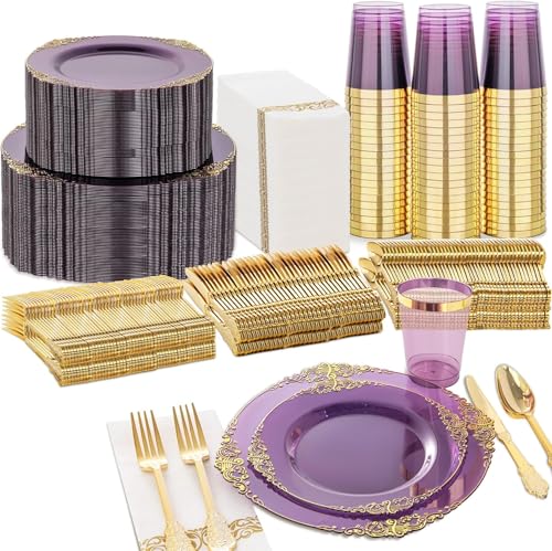 Nervure 350PCS Purple Plastic Plates - Purple Plastic Dinnerware Sets for 50 Guests - 100 Disposable Plates, 150 Gold Silverware, 50 Cups, 50 Napkins for Wedding & Party