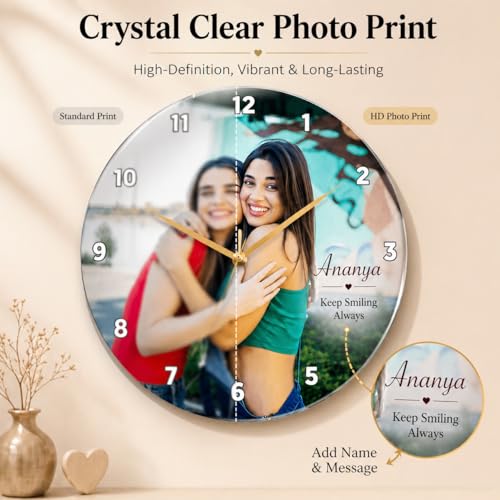 Image of SAVRI Personalized Acrylic Photo Printed Wall Clock - Customized Picture Clock for Couples, Birthday, Anniversary, Wedding & Special Occasions - 9x9 Inch Home Decor Gift