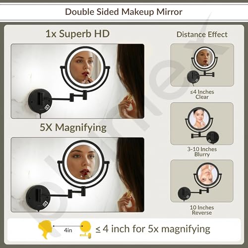 Image of Plantex Brass and 304 Stainless-Steel Magnifying Mirror with LED /Wall Mount Makeup Mirror with Light /Zoom Mirror- 5x /1x Magnification (8 Inch-Black)