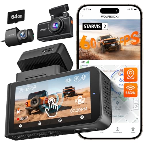 Image of WOLFBOX X3 2.5K 60FPS Dash Cam, 5MP STARVIS 2 IMX675 with ADAS, 2.5K+1080P Dash Cam Front and Rear, Built-in 5.8GHz WiFi & GPS, G-Sensor, Loop Recording, Touch Screen, Included 64GB Card