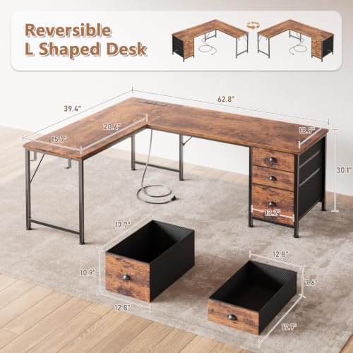 Image of Furologee 63 inch L Shaped Desk with Power Outlets & USB-C Port, Reversible Corner Computer Desk with 3 Fabric Drawers, Hooks, Large Home Office Desk for Gaming, Writing, Work, Rustic Brown