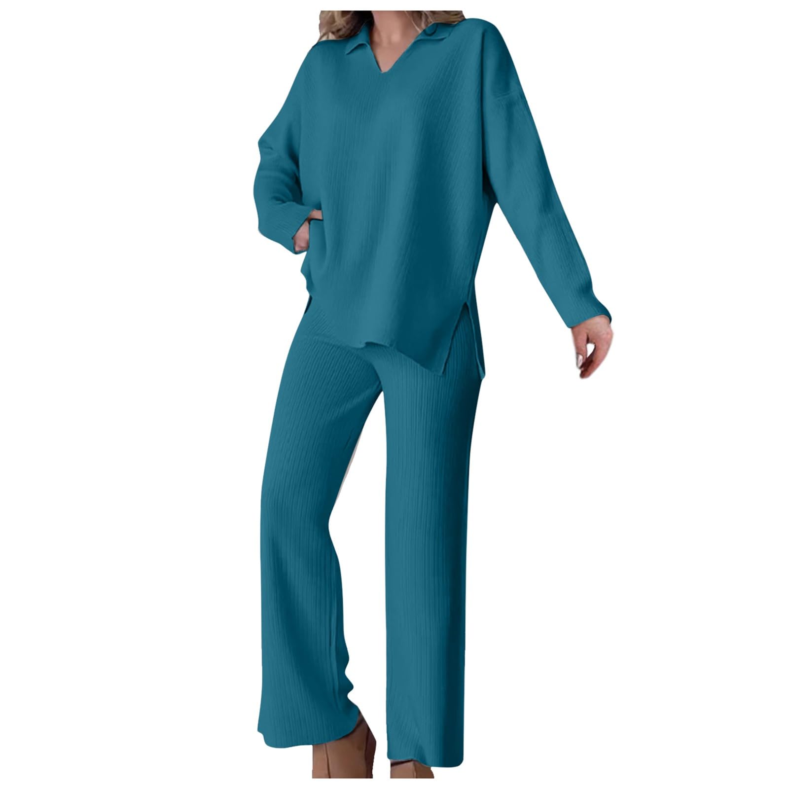 Camicia in maglia lavorata a maglia con spacco ampio e tinta unita moda autunnale, set da due pezzi per donna