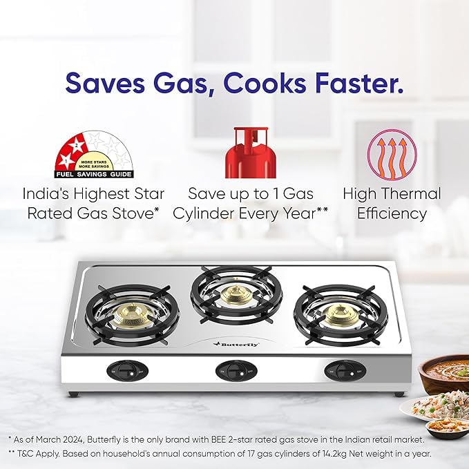 Butterfly Bolt Shakti 3B Stainless Steel Lpg Gas Stove - saves gas, cooks faster