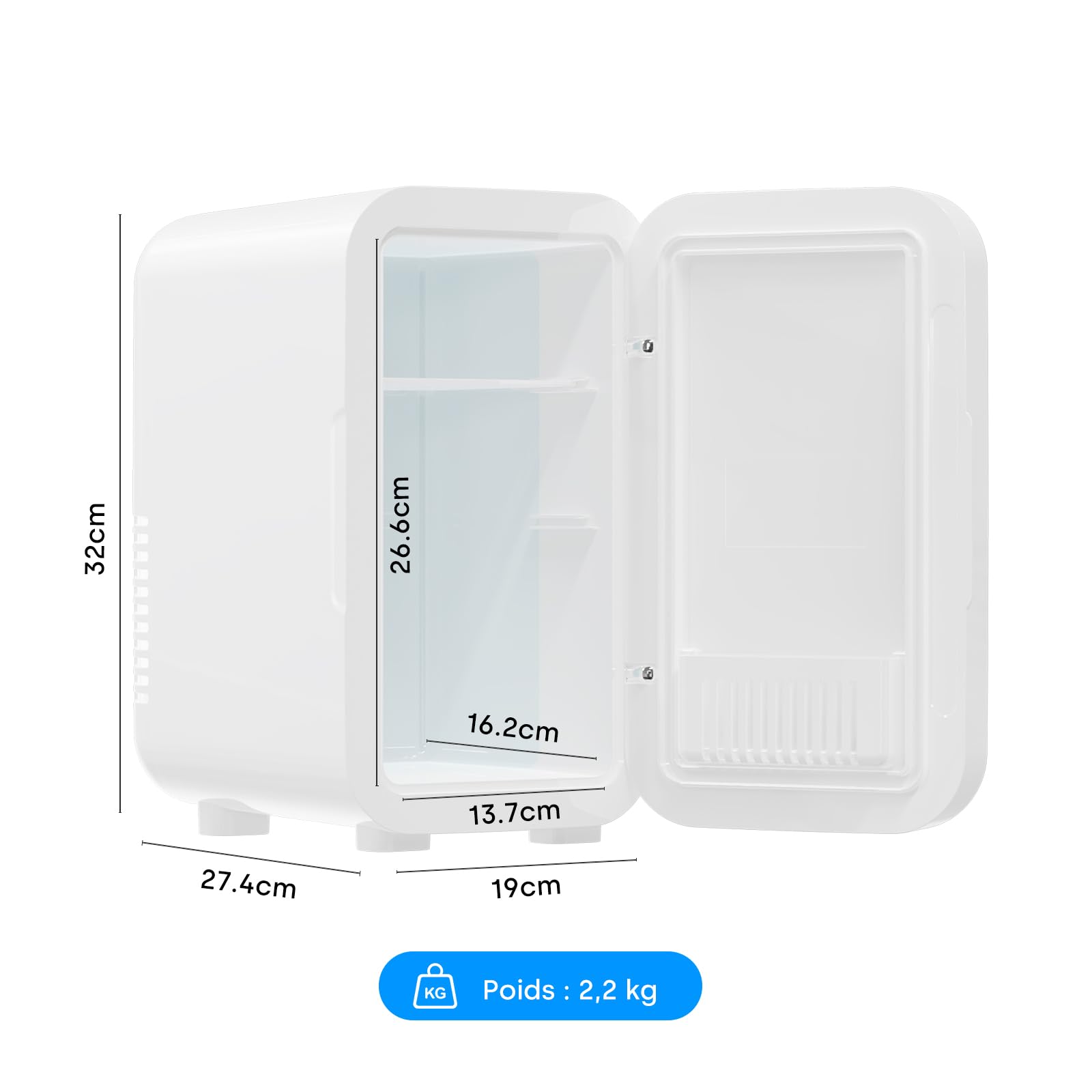 Enventor Mini Frigo avec miroir lumineux LED, 6L/8 canettes, Blanc | Petit Frigo pour soins de la peau, CA + 12V CC, refroidisseur et réchauffeur, pour chambres, voiture, cosmétiques