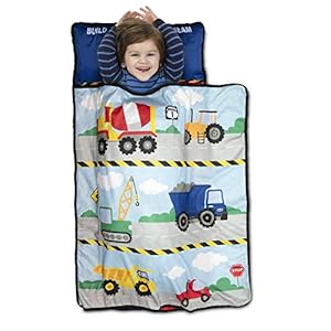 Funhouse Construction Area Trucks Kids Nap Mat Set – Includes Pillow and Fleece Blanket – Great for Girls Napping During…