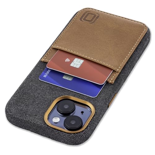 Image of Dockem Fabric Card Case for iPhone 15 with Built-in Metal Plate for Magnetic Mounting, Stitched-on Genuine Leather Wallet with 2 Credit Card /ID Slots: M2F 15 [Grey w /Light Brown]