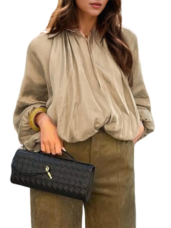 Women Oversized Bomber Jacket Trendy Lapel Collar Long Batwing Sleeve Streetwear Front Zip Puffed Shirts