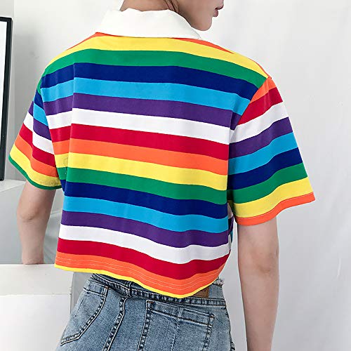 Women's Rainbow Printed Polo T-Shirt Short Sleeve Skinny Y2K Streetwear Crop Top4