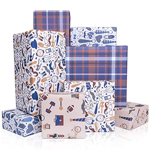 Larcenciel Gift Wrapping Paper, Birthday Wrapping Paper for Men- Tie, Jazz Hat and Mustache Pattern, Folded Gift Wraps for Birthday, Christmas, Holiday, Fathers Day, Any Occasion(4 Sheets 27.5x19.6in)