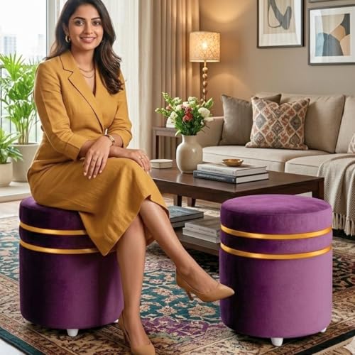 Image of Decorative Ottoman Pouffes for Sitting - Two-Piece Set of Puffy Stools and Footstools - Round Ottoman Stool for Living Room Furniture (Purple)
