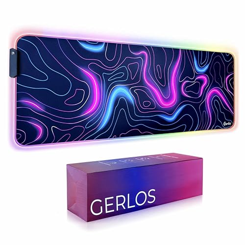 Image of Gerlos RGB Gaming Mouse Pad, Large LED Desk Mat, 31.5 x 11.8 Inch | 12 light modes, non-slip base, water-resistant surface, stitched edges