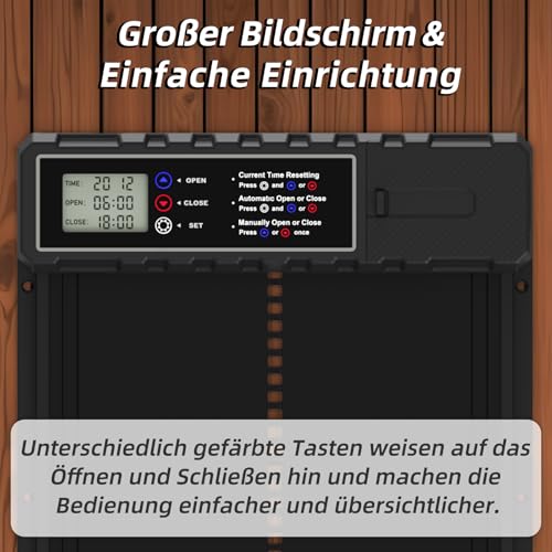 KACNON Aluminium Automatische Hühnerklappe - Elektrische Hühnerklappe mit Wasserdicht Großes Display, Timer, Klemmschutzfunktion - Automatisch für Hühner, Ente, Gans, Häschen, Kratzfest