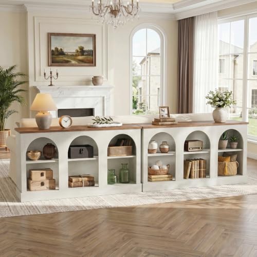 Image of Tribesigns Farmhouse Console Table Set of 2, Extra Long Entryway Table with 3 Tier Storage, Wooden Rectangular Sofa Table Behind The Couch for Entrance, Hallway, Living Room, Off-White and Brown
