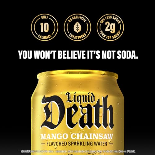 Image of Liquid Death Soda-Flavored Sparkling Water - Mango Chainsaw (Mango Orange), Less Sugar*, Huge Flavor, No Caffeine, No Artificial Sweeteners, 12 Fl Oz (Pack of 12)