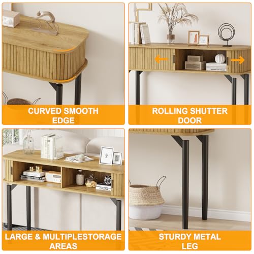 GarveeHome Fluted Console Table with Storage,Wood Sofa Table with Sliding Door,Entryway Table with Storage Space for Living Room,Couch,Hallway,Foyer,Oak