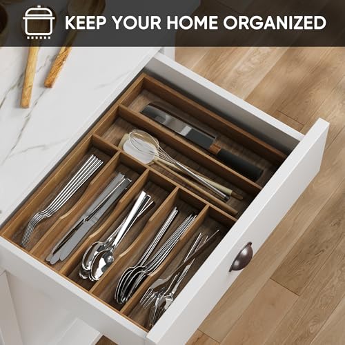 Smuxee Acacia Wood Kitchen Silverware Drawer Organizer, 7 Compartment Utensil Holder, Kitchen Drawer Divider for Silverware and Kitchenware - Image 2