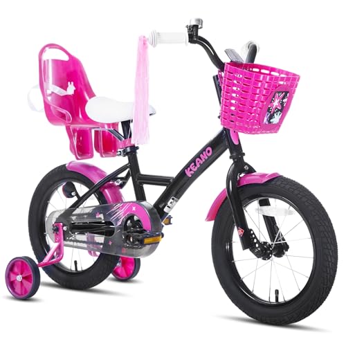 Image of KEANO Zinnia 14 16 20 Inch Kids Bike for Girls Ages 3-10 Years, Girls' Bikes with Training Wheels, Streamers, Basket and Doll Seat, Children Bicycles