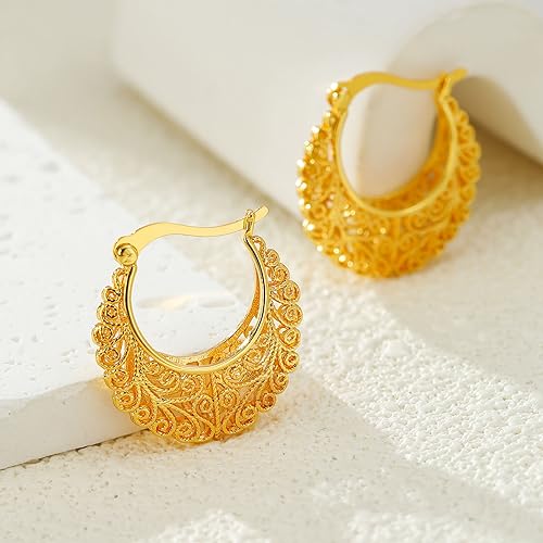 Filigree Gold Hoop Earrings Vintage Small Earrings for Women3