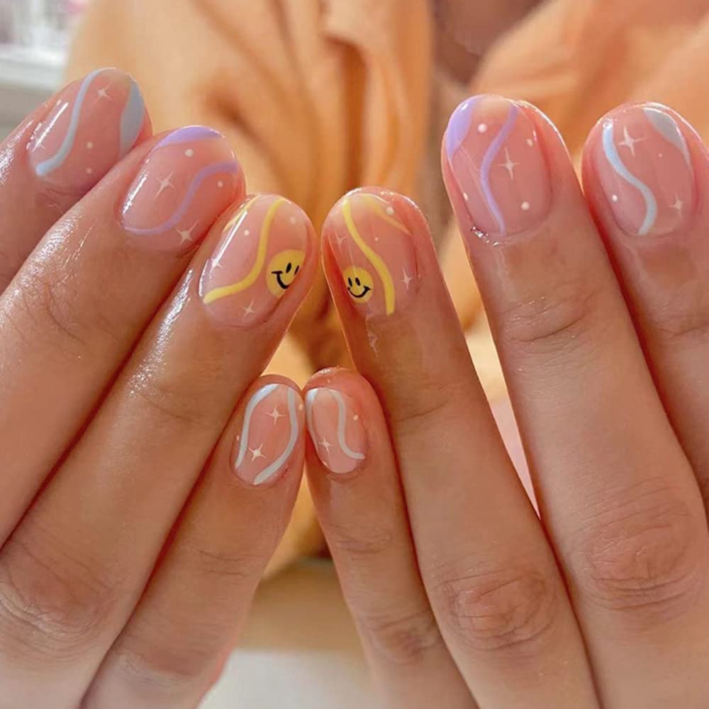 24 Pcs French Press on Nails Colored Lines Fake Nails Oval stick on Nail Short Glue on Nails with Acrylic Cute Smiley Face Design False Nails for
