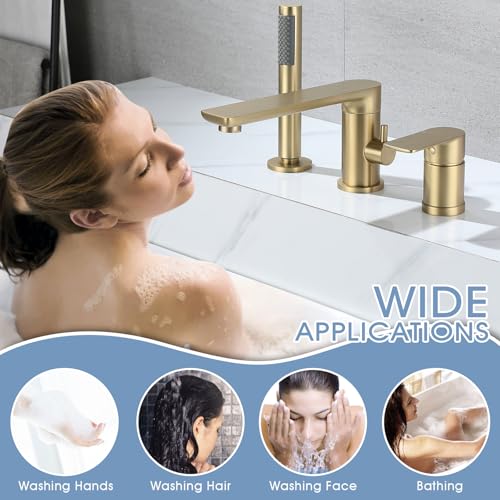 Grifería para bañera romana con ducha de mano, montaje en cubierta, acabado en oro pulido miniatura 4