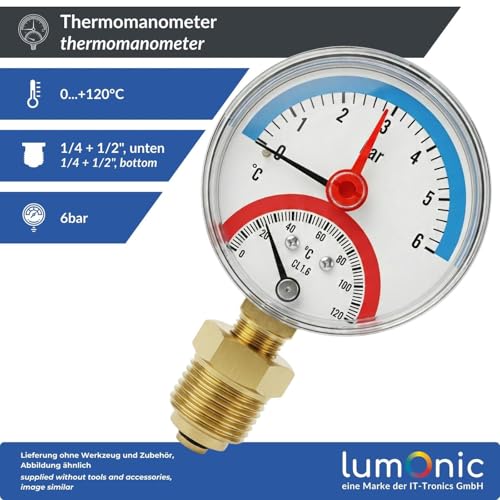 Lumonic Thermomanometer 6bar 0-120°C | 1/4 + 1/2 Zoll (Adapter) | Anschluss unten | Ø 63mm, große Skala | Heizung Manometer | Metallgehäuse