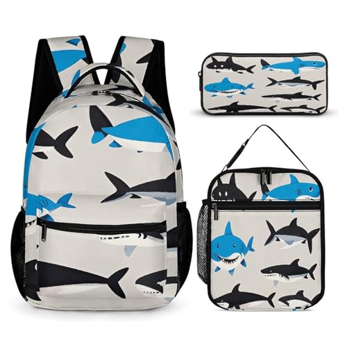 3Pcs Backpack Sets Shark Pattern Group Print Travel Daypack 3 in 1 Lightweight Backpack Set with Lunch Bag And Cosmetic Bag