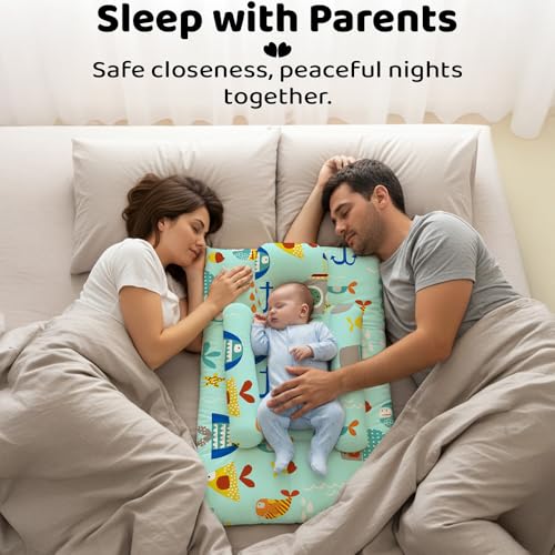 Image of StarAndDaisy Newborn Baby Bedding Nest Cushioned Mattress Sheet with 2 Side Bolster Pillows & 1 Head Pillow Breathable & Soft Boys & Girl Design.