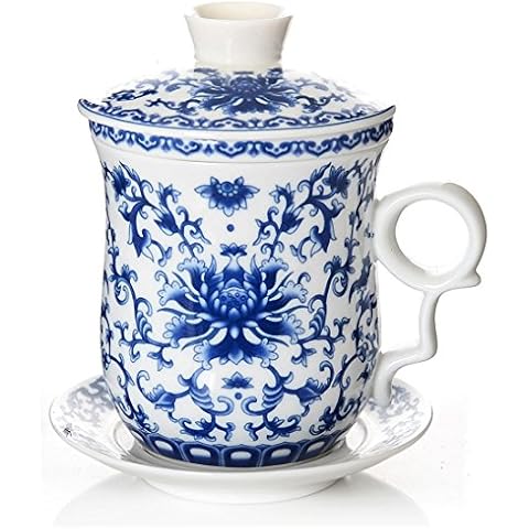 BandTie Convenient Travel Office Loose Leaf Tea Brewing System-Chinese Jingdezhen Blue and White Porcelain Tea Cup Infuser 4-Piece Set with Tea Cup Lid and Saucer,Blue Peony Flowers Cover
