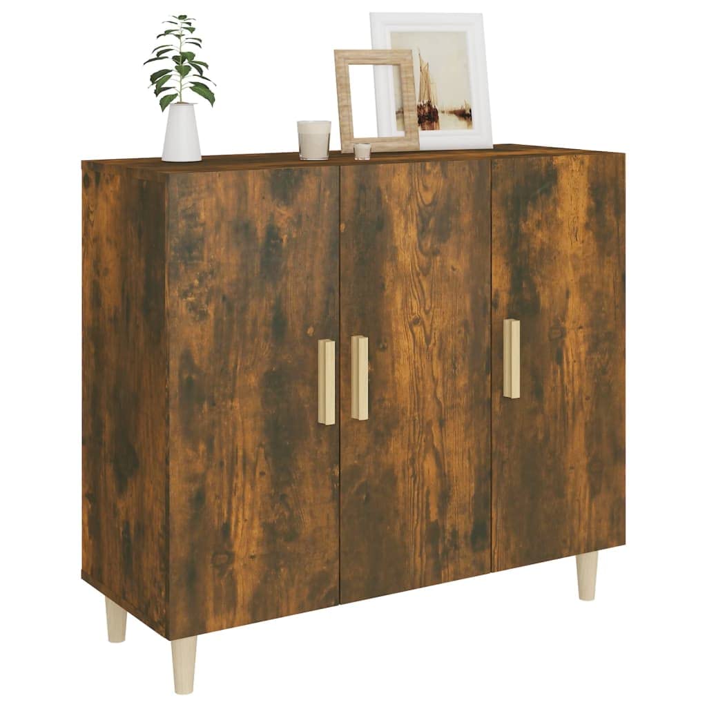 Générique Klasyczny bufet wędzony dąb 90 x 34 x 80 cm, mebel do salonu z drewna inżynieryjnego z 3 drzwiami, duża przestrzeń do przechowywania do uporządkowania codziennych niezbędników.