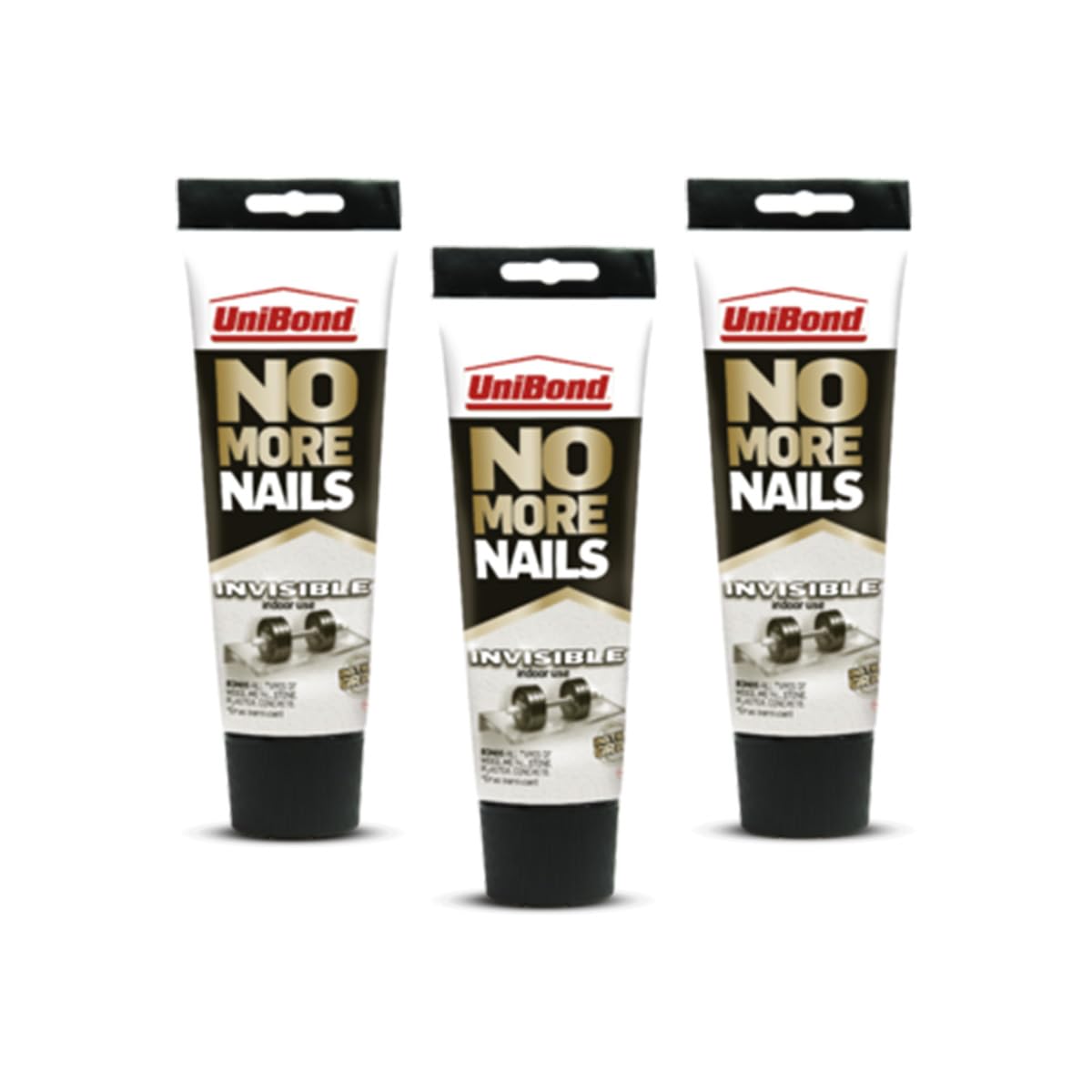 UniBond No More Nails Invisible, Heavy-Duty Clear Glue for Instant DIY mounting & repair jobs, Strong Glue for Wood, Ceramic, Metal, Concrete, Plaster, Brick etc, Interior use, no gun needed, 184g*3