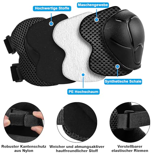 6-in-1 Schonerset für Kinder - Maximaler Schutz für 3-7 Jahre Knie, Ellbogen & Handgelenke, ideal für Inlineskaten, Skateboarding & Rollerfahren (Schwarz)