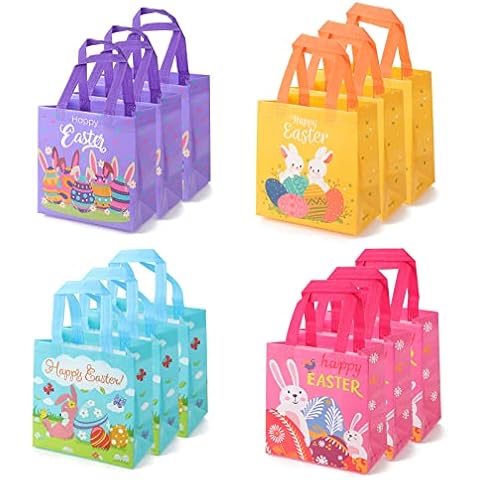 HBell 12Pack Easter Gift Bags Reusable Tote Bag With Handle,Bunny Easter Egg Non-Woven Bags Foldable Water Resistant Treat Bags for Easter Party Supplies (Style-B) Cover