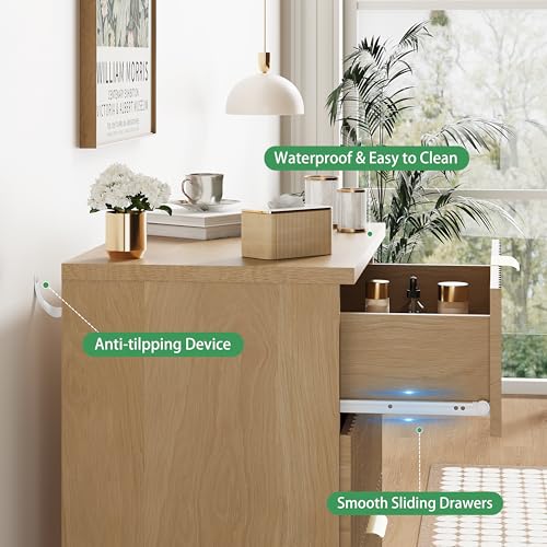 Fluted Nightstand, 24" Wide Side Table with 3 Large Storage Drawers, Mid Century Modern Wood Night Stand with Metal Handle, Wooden Bedside End Table for Bedroom, Living Room, Closet, Natural Oak - Image 5