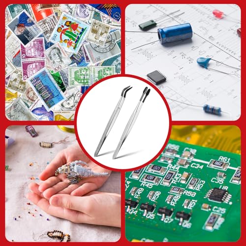 2 Stk Lange Bastelpinzette Plastik - Mit Gummispitzen und PVC Beschichtung - Flache, rutschfeste, gebogene und abgewinkelte Pinzetten - Metallaufkleberpinzette für Reparatur und Schmuck (Schwarz)