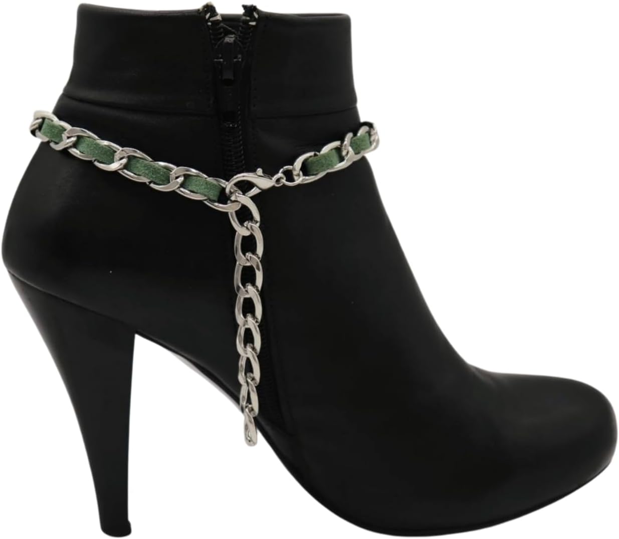 Women’s Boot Chain Anklets (PAIR) – Silver Curb Chain Woven With Green Faux Leather – Adjustable 12–15 In – Western/Cowgirl/Biker Boot Jewelry – Handmade In USA BC49