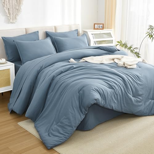 Litanika Comforter King Size Set Grayish Blue - 7 Pieces Bed in a Bag King Bedding Comforter Sets, Plain Lightweight Bed Set with Comforter, Sheets, Pillowcases & Shams