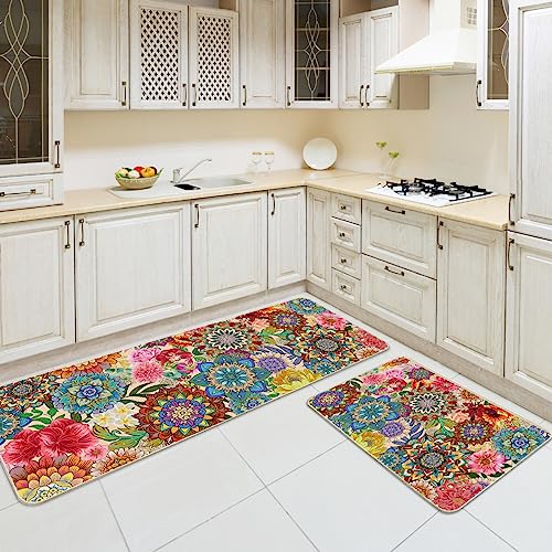 Boho Floral Kitchen Rug Set of 2, Colorful Mandala Kitchen Mats,Non Slip Washable Comfort Floor Mat for Kitchen, 17"x29"+17"x47"