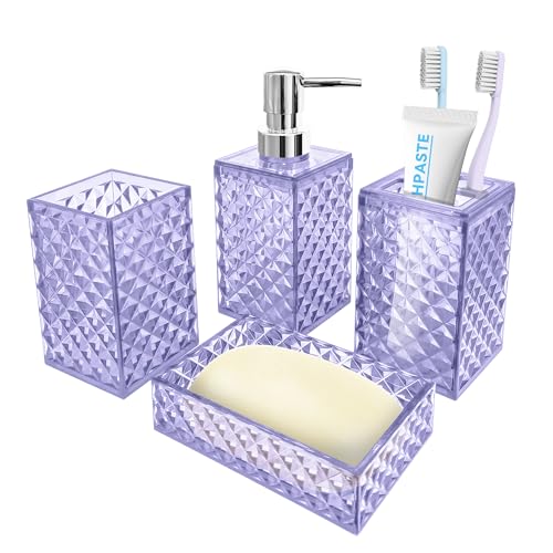 Seeatoo Bathroom Accessory Set 4 PCS Light Purple Bathroom Accessories Set Soap Dispenser and Toothbrush Holder Set Soap Dish and Mouthwash Cup Boho Bathroom Decor Plastic Bathroom Sets