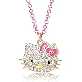 Hello Kitty Sanrio Girls Pave Pendant Necklace 16'+3' - Official License Necklace for Girls with Neon Pink Chain