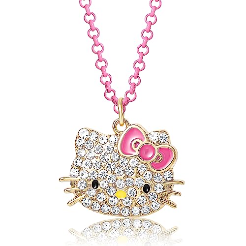 Hello Kitty Sanrio Pave Crystal Pendant Necklace for Women Official License, 16"+3" Sparkly Necklace with Neon Pink Chain