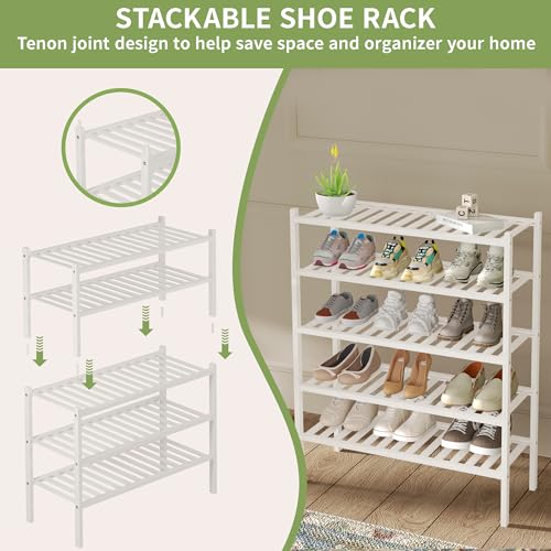 2 Tier Bamboo Shoe Rack for Closet Free Standing Wood Shoe Shelf for Entryway Small Space Stackable 27"x11"x13" (White)