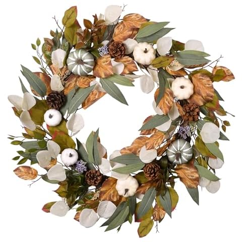 Beinhome Fall Wreath for Front Door, Fall Decor 24 Inch Autumn Maples Leaf Pumpkin Pine Cone Wreath Decoration for Thanksgiving Halloween Farmhouse Harvest Home Porch Indoor Outdoor Window Wall Cover