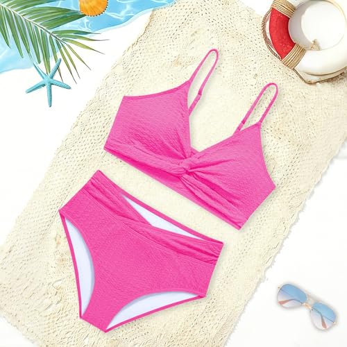 Image of Girls Swimsuit Solid Bathing Suit 2 Piece Twist Cross Adjustable Straps Soft Lining Bikini for Teen Girls with Chest Pad